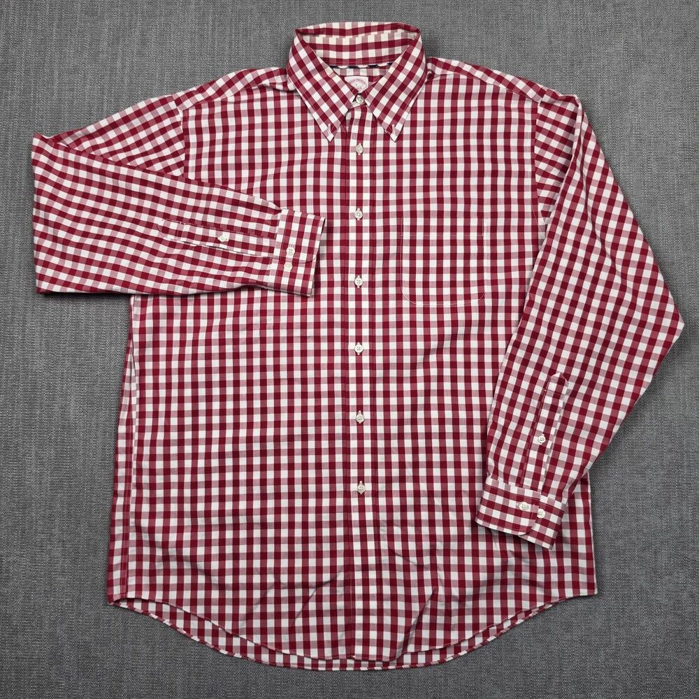 Brooks Brothers Shirt Mens Large Red Gingham Supima Cotton Non Iron Long Sleeve